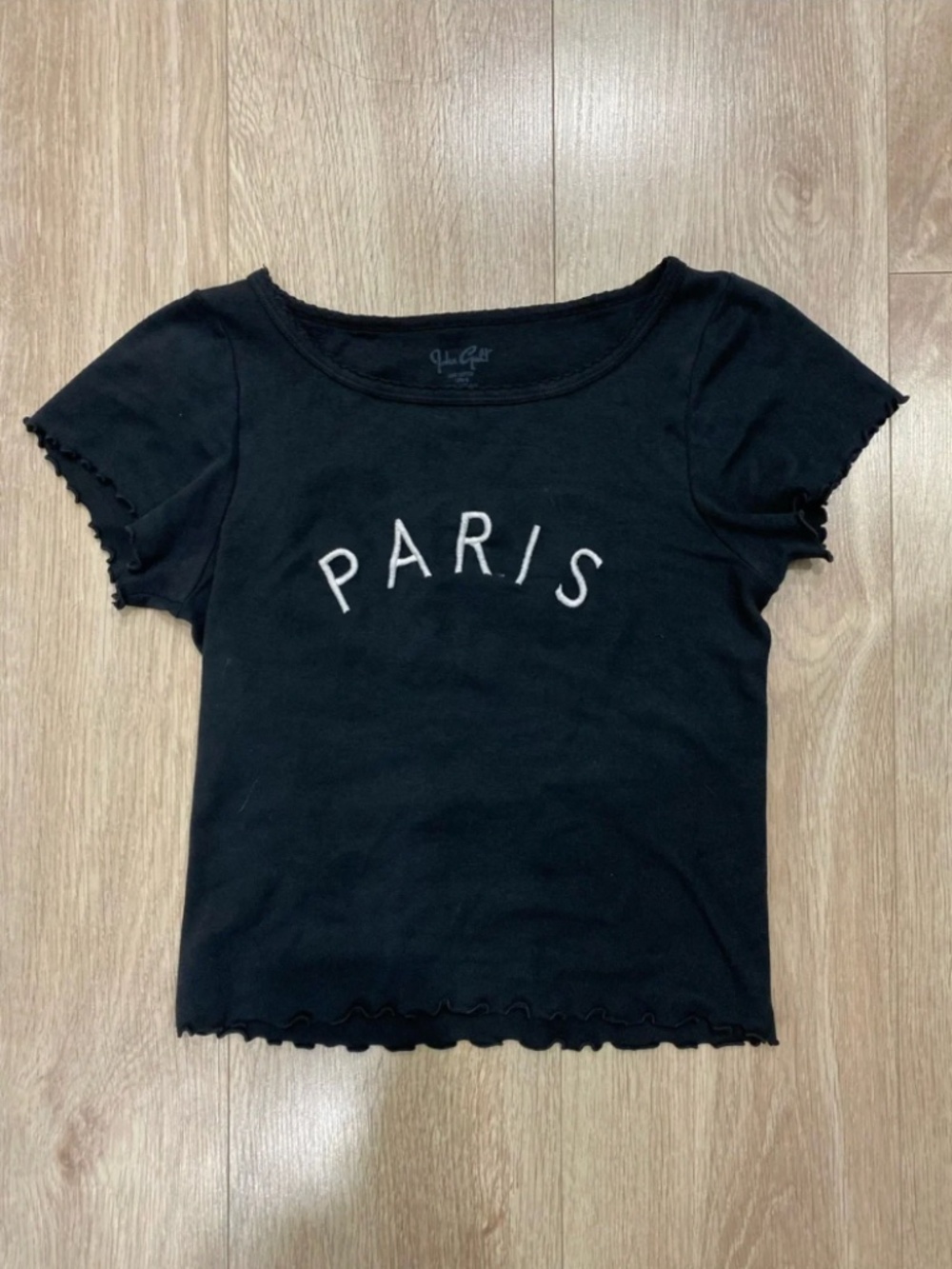 Brandy Melville Black 'PARIS' Lettuce-Edge Crop Tee